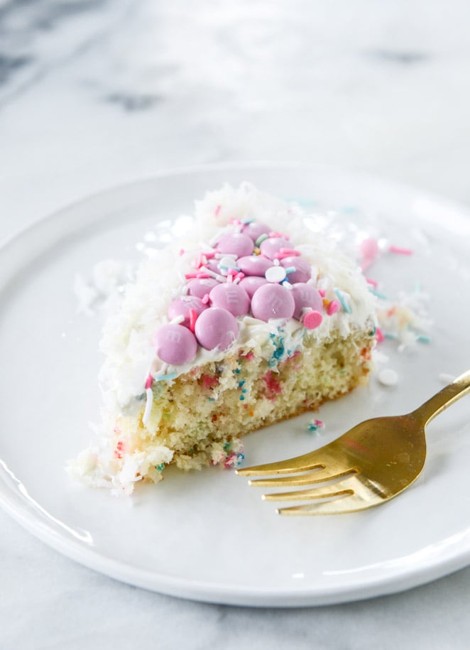 coconut confetti classic bunny cake with M&M'S I howsweeteats.com