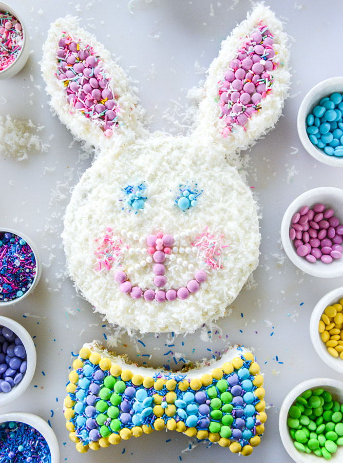coconut confetti classic bunny cake with M&M'S I howsweeteats.com