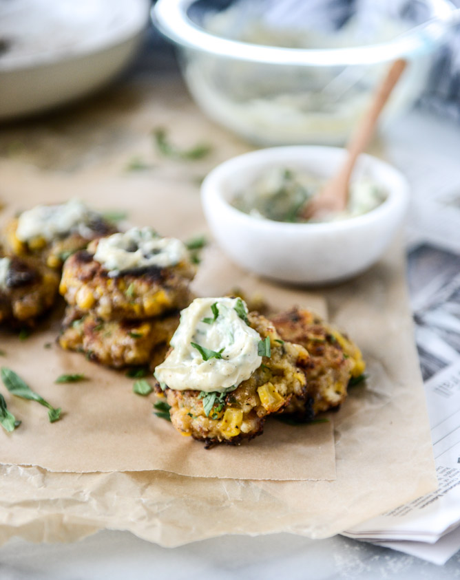 lobster corn fritters with truffle herb mayo I howsweeteats.com