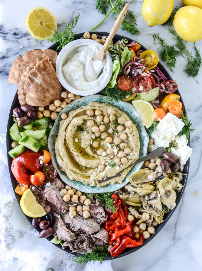 Greek Marinated Flank Steak and My Favorite Party Hummus Plate . - How