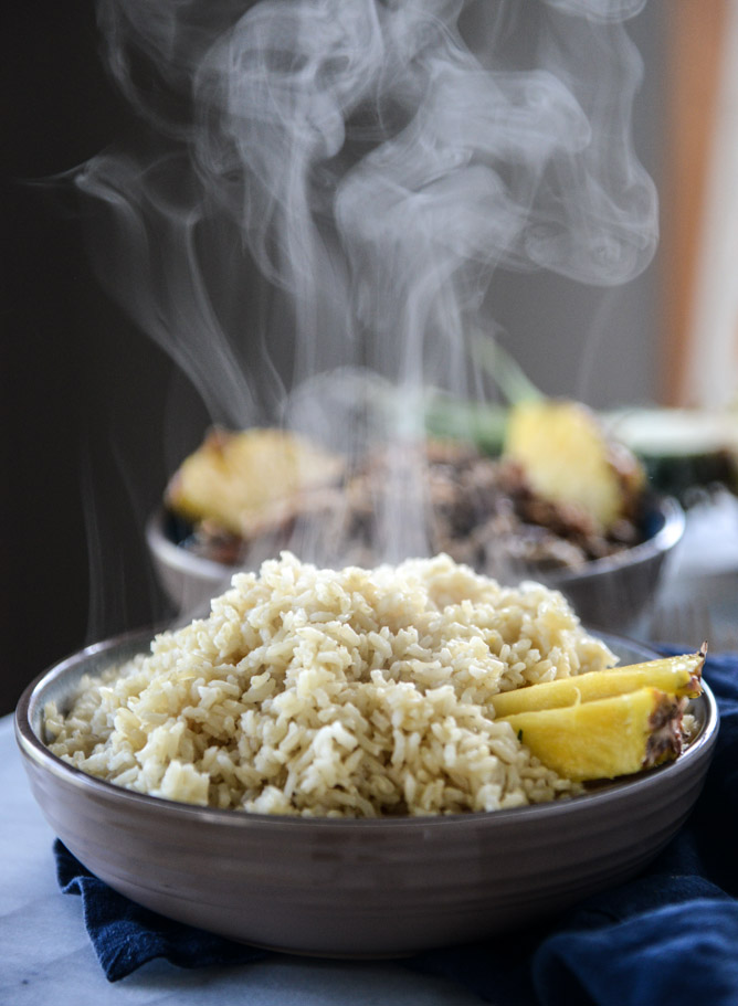 slow cooker jerk pork in pineapple rice bowls I howsweeteats.com