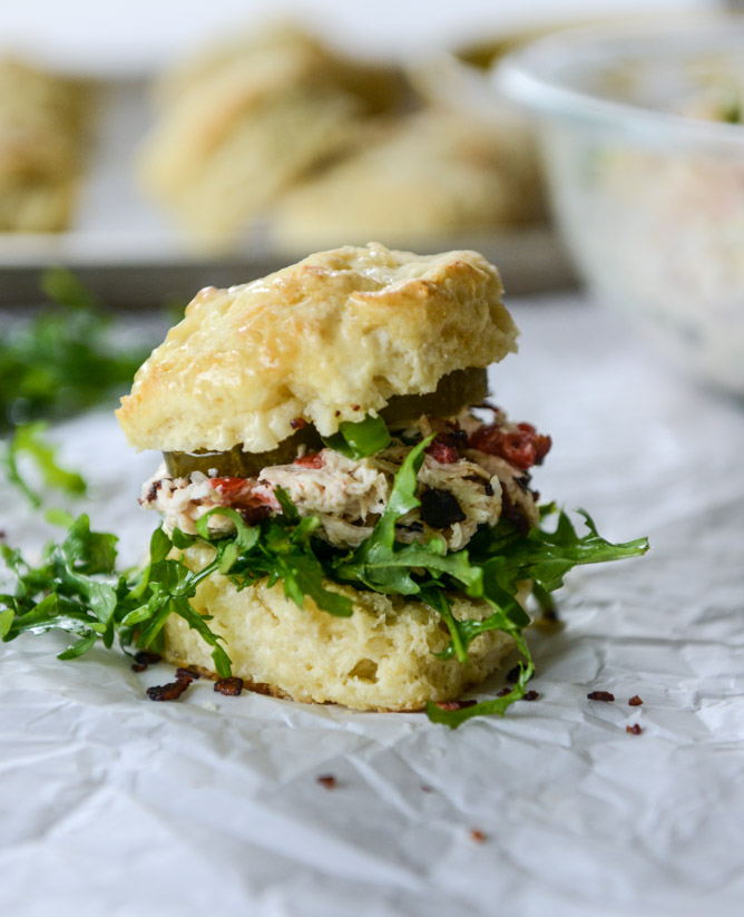 pimento cheese chicken salad on honey butter biscuits I howsweeteats.com