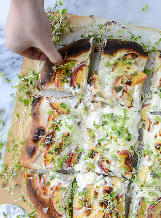 peach ricotta pizza with spicy microgreens I howsweeteats.com