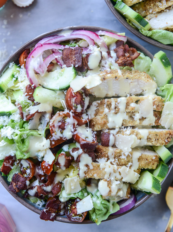 parmesan-crusted chicken salad with bacon and pickled onions I howsweeteats.com