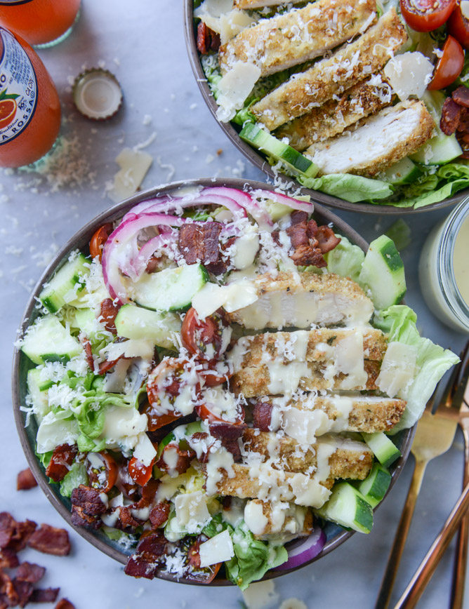 parmesan-crusted chicken salad with bacon and pickled onions I howsweeteats.com