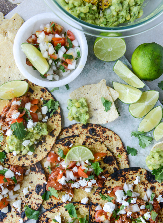 chicken tinga tacos with grilled corn guacamole by @howsweeteats I howsweeteats.com