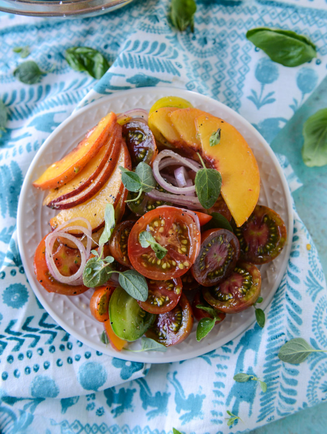 marinated tomato peach salad with herb butter toast I howsweeteats.com