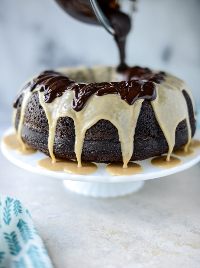 chocolate fudge cake with caramel cream icing I howsweeteats.com
