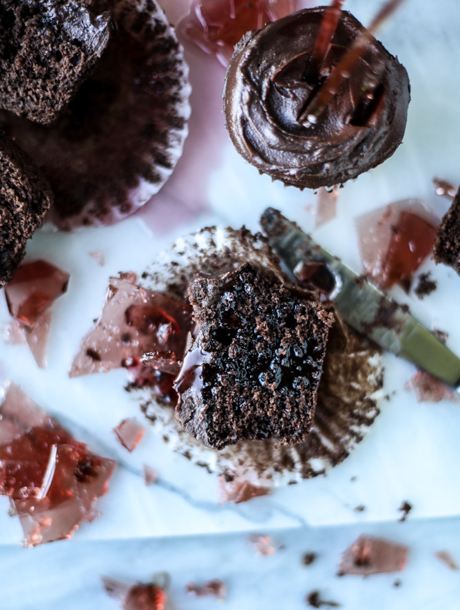 devil's food cupcakes with pomegranate sugar shards I howsweeteats.com