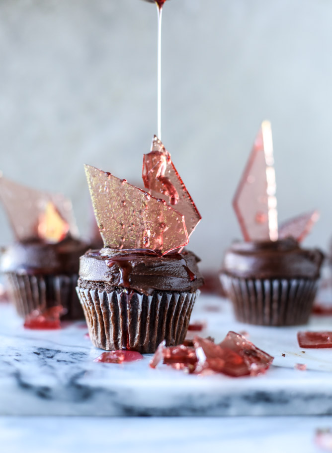 devil's food cupcakes with pomegranate sugar shards I howsweeteats.com