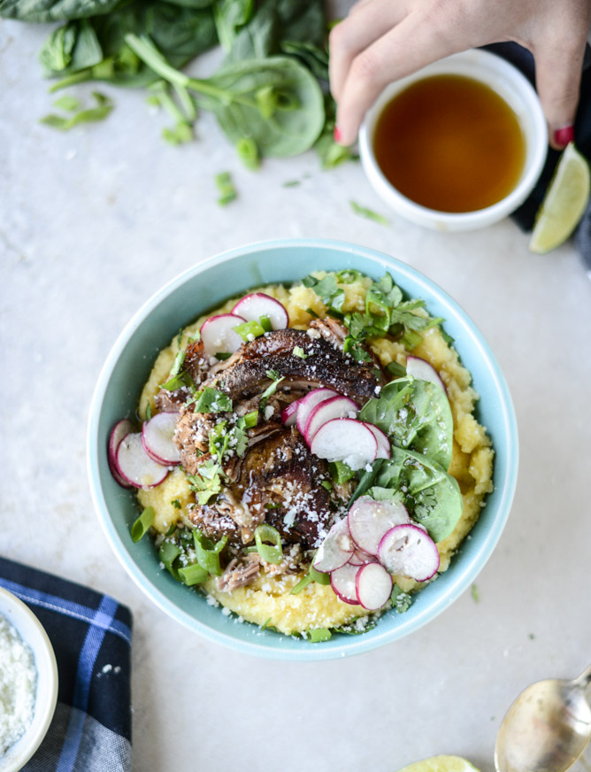 slow cooker maple chipotle pork with cheesy polenta I howsweeteats.com