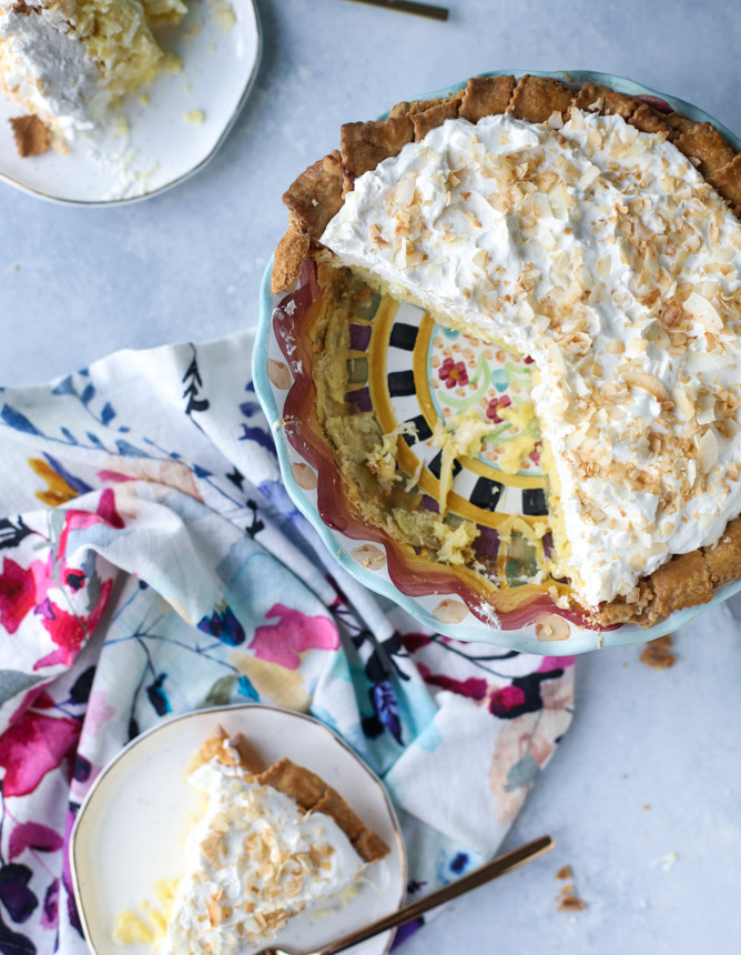 coconut custard pie with coconut whipped cream I howsweeteats.com