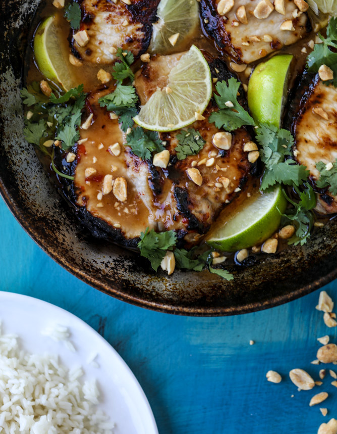 thai skillet pork chops with coconut rice I howsweeteats.com