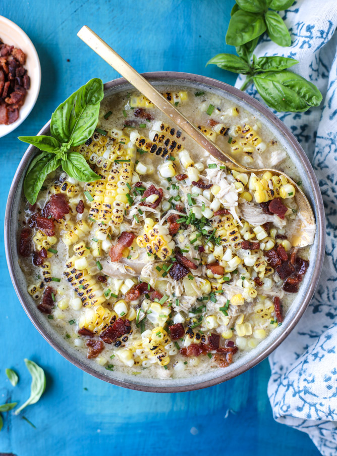 grilled corn, chicken and bacon chowder I howsweeteats.com
