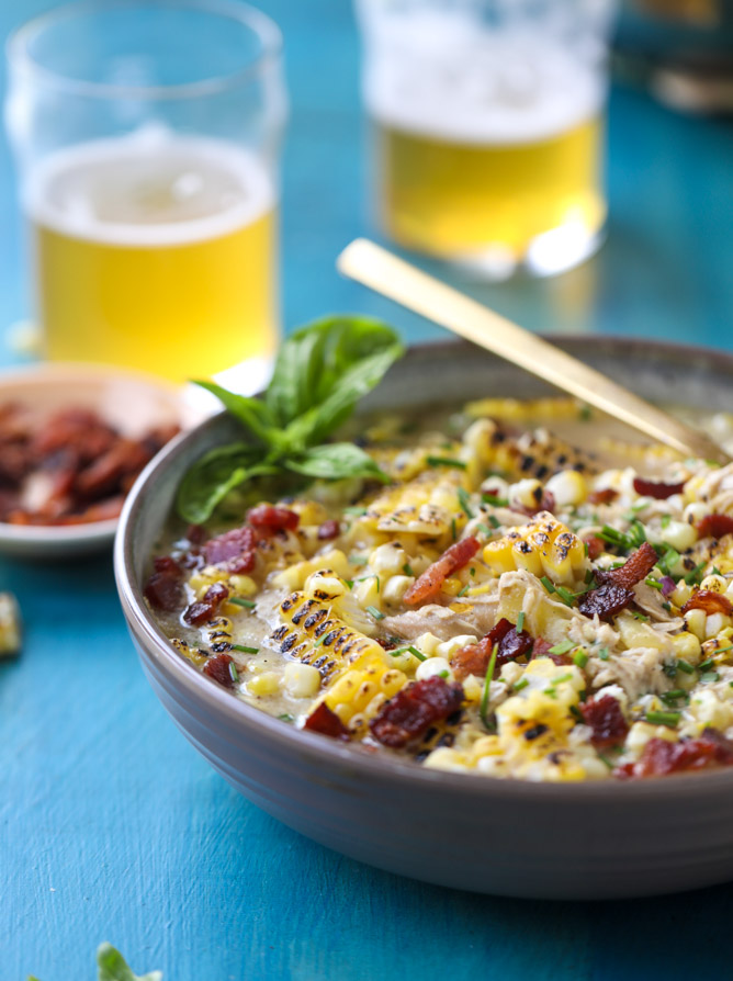 grilled corn, chicken and bacon chowder I howsweeteats.com