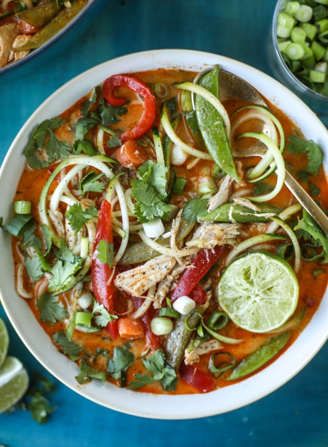 thai chicken zoodle soup I howsweeteats.com #chicken #soup #zoodles #zucchininoodles #coconutmilk 
