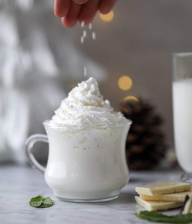 fresh mint white hot chocolate I howsweeteats.com #hotchocolate #christmas #holidays #whitechocolate