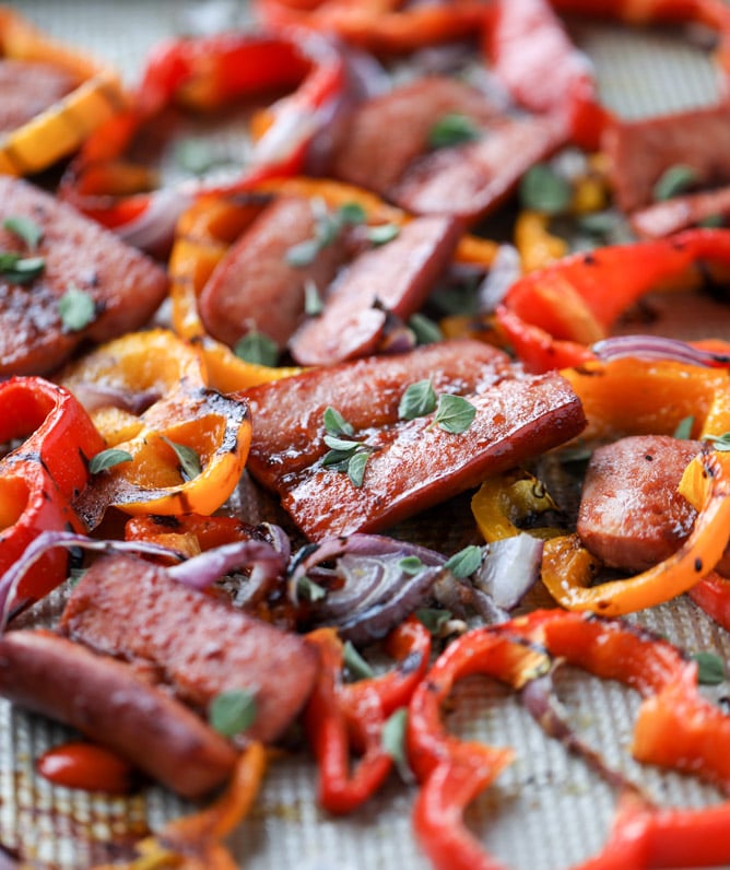 sheet pan smoked sausage and peppers I howsweeteats.com #sheetpan #smoked #sausage #turkey #healthy