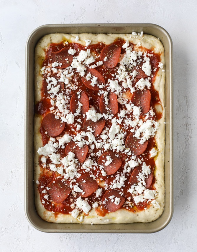 hot honey goat cheese pepperoni pizza I howsweeteats.com #detroitstyle #pepperoni #pizza #goatcheese 