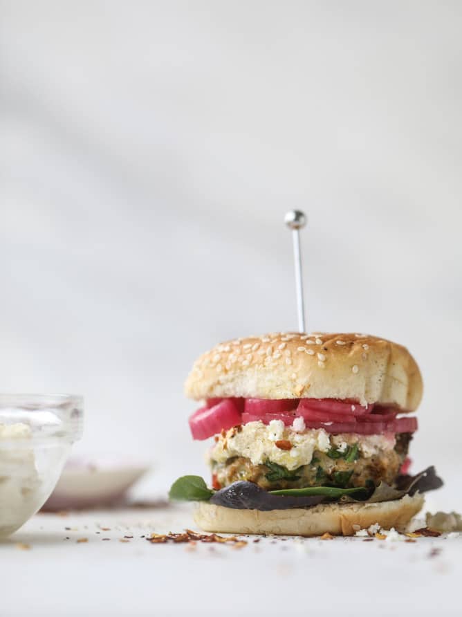 mediterranean turkey burgers with artichoke feta spread I howsweeteats.com #turkey #burgers #healthy #feta #spinach