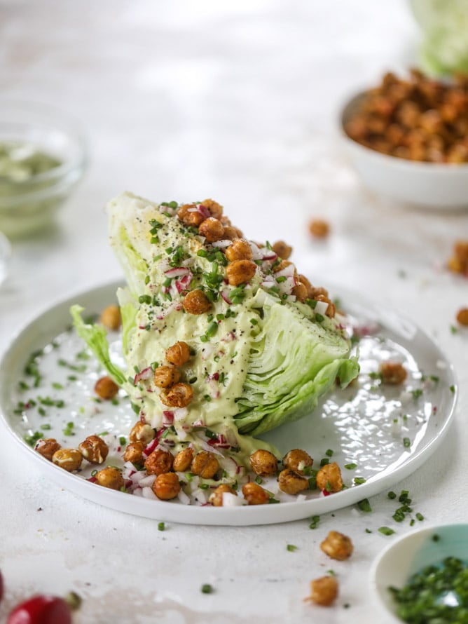 crispy chickpea wedge salads with avocado ranch I howsweeteats.com #wedge #salad #chickpeas #avocado #ranch #vegetarian