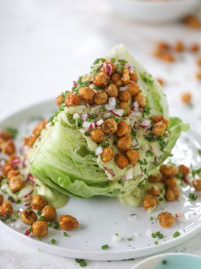 crispy chickpea wedge salads with avocado ranch I howsweeteats.com #wedge #salad #chickpeas #avocado #ranch #vegetarian