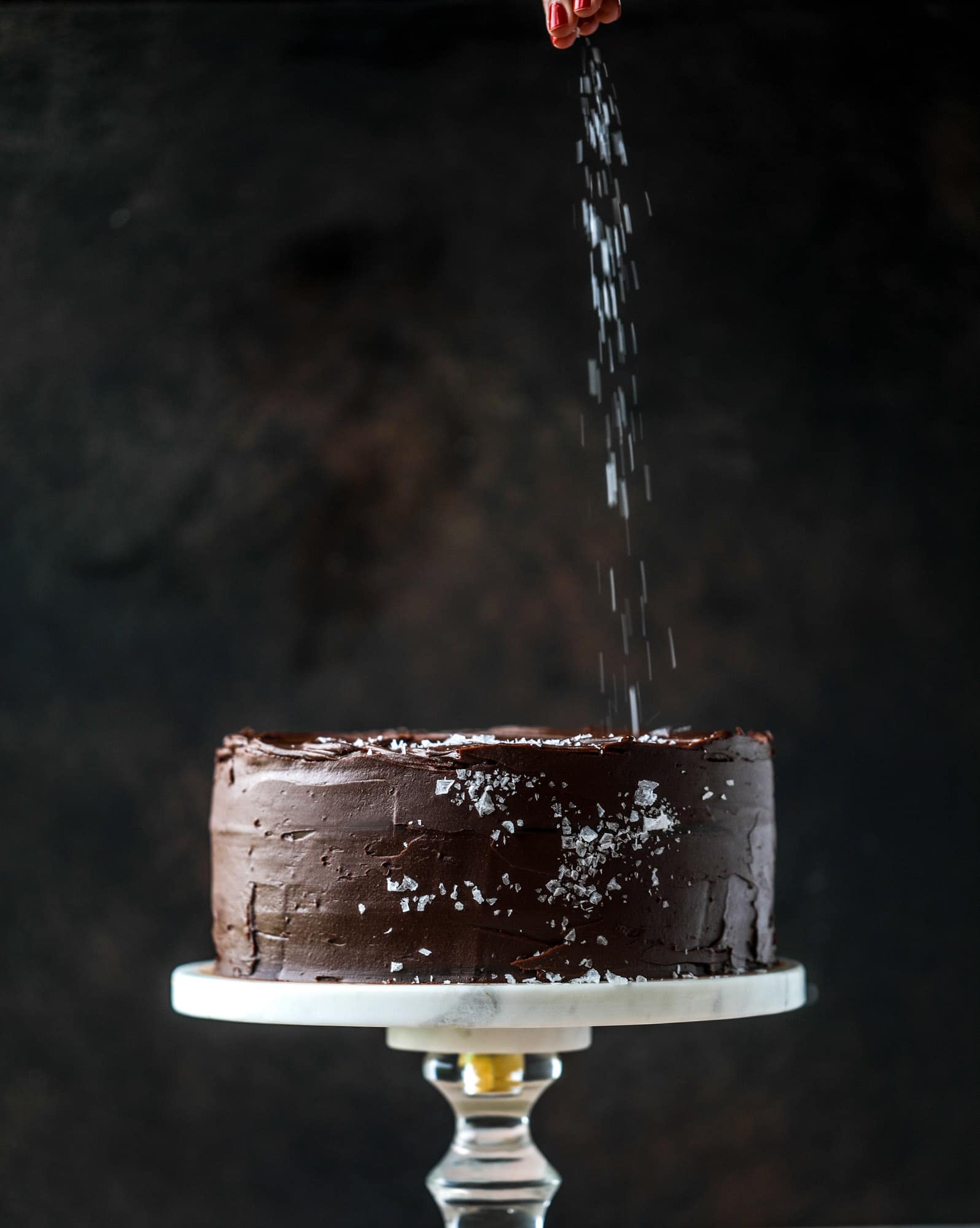 This salted dark chocolate stout cake is absolutely divine! It's ridiculously rich and perfect for a crowd or a party. Pumpkin stout batter is baked into fluffy laters and covered in a super fudgy chocolate ganache. Perfect for chocolate lovers! I howsweeteats.com #dark #chocolate #stout #cake #salted
