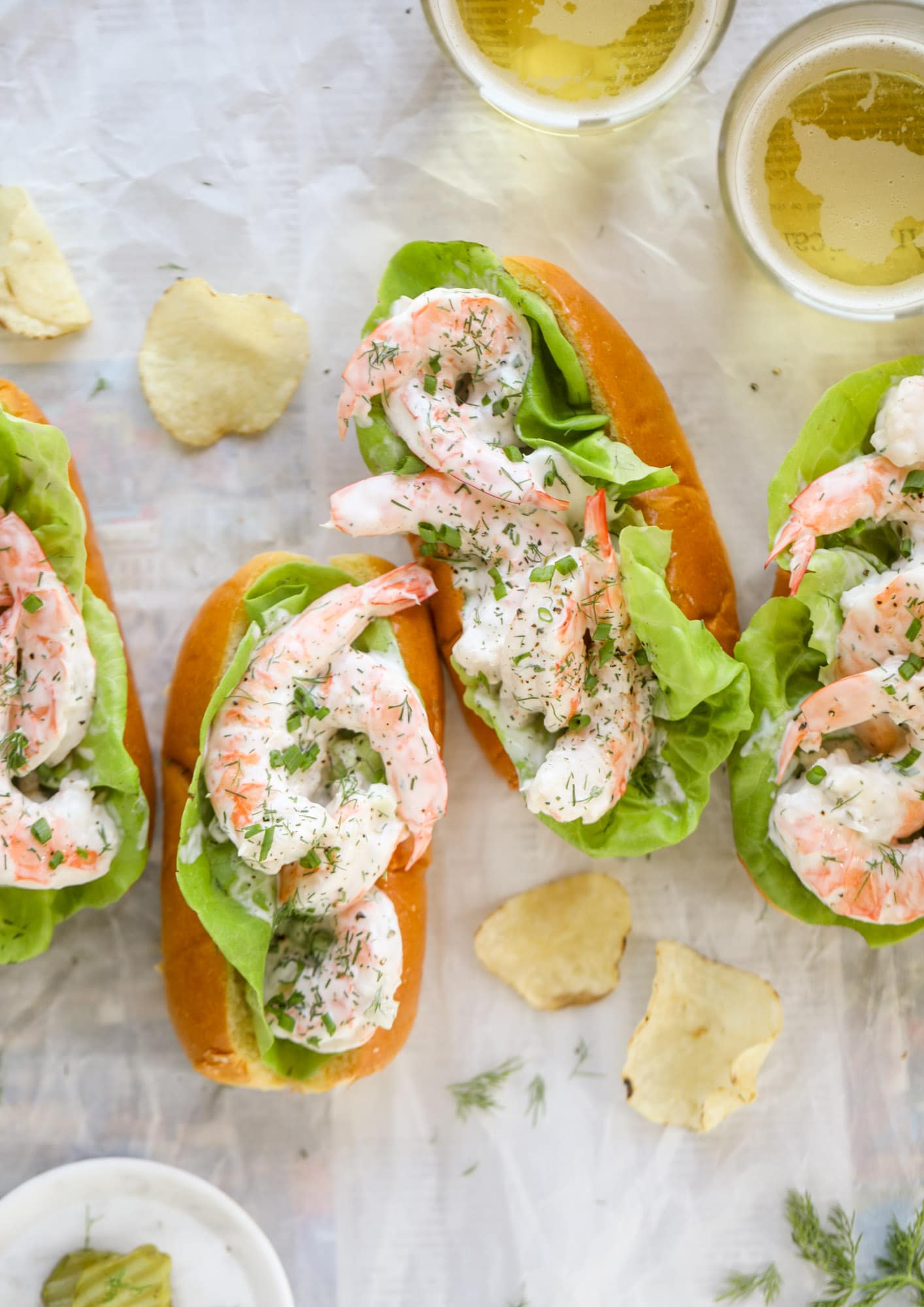 These shrimp salad rolls are my go-to simple, easy, no-cook dinner for hot summer day. Serve with pickles, potato chips and a spritz of lemon!