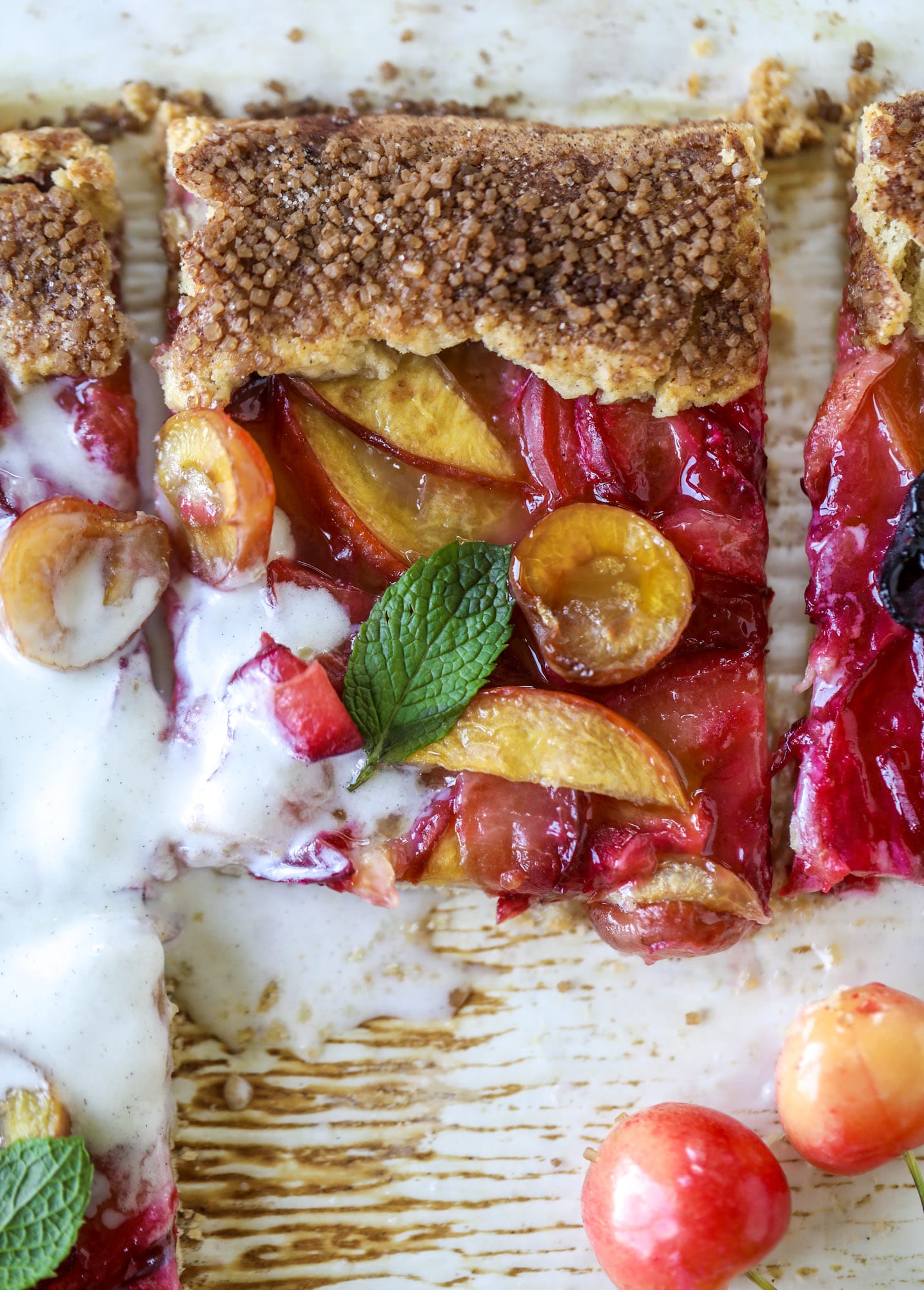 I love a stone fruit tart! Peaches, plums, pluots and cherries come together in a golden cinnamon sugar crust for the ultimate summer dessert.