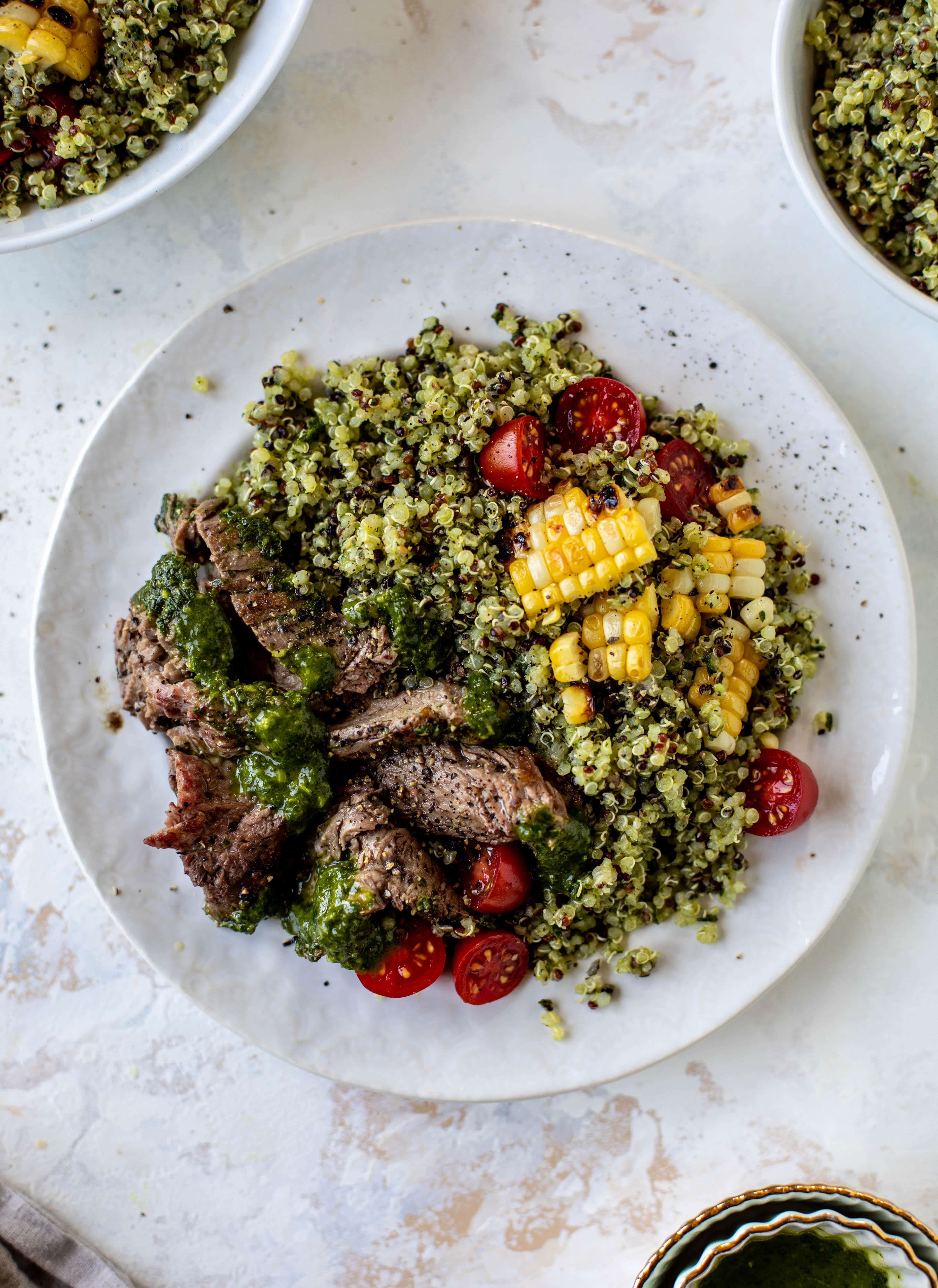 This chimichurri quinoa with flank steak is so incredibly delicious and flavorful! The steak is juicy and tender; the quinoa is loaded with flavor. Love it!