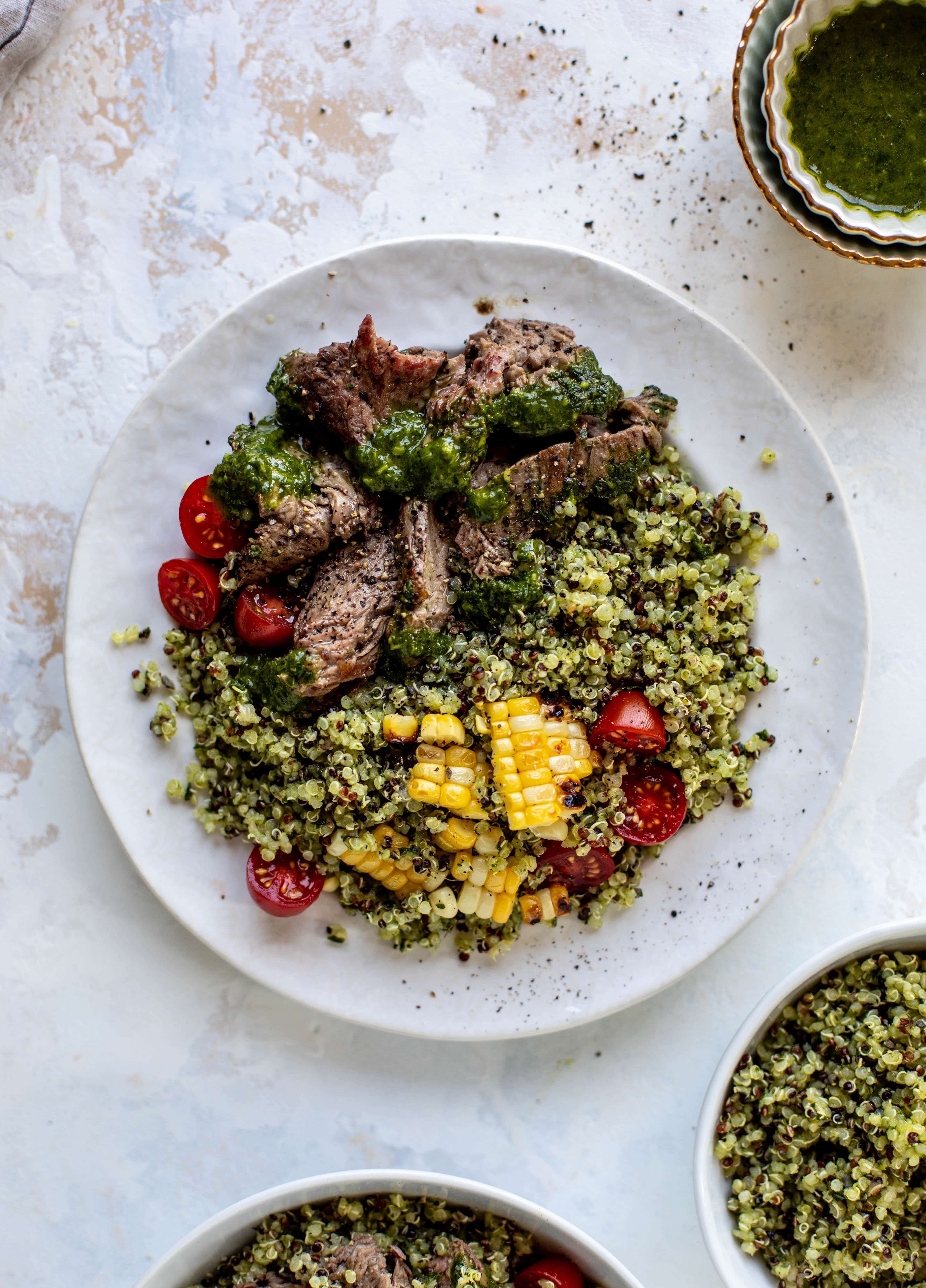 This chimichurri quinoa with flank steak is so incredibly delicious and flavorful! The steak is juicy and tender; the quinoa is loaded with flavor. Love it!