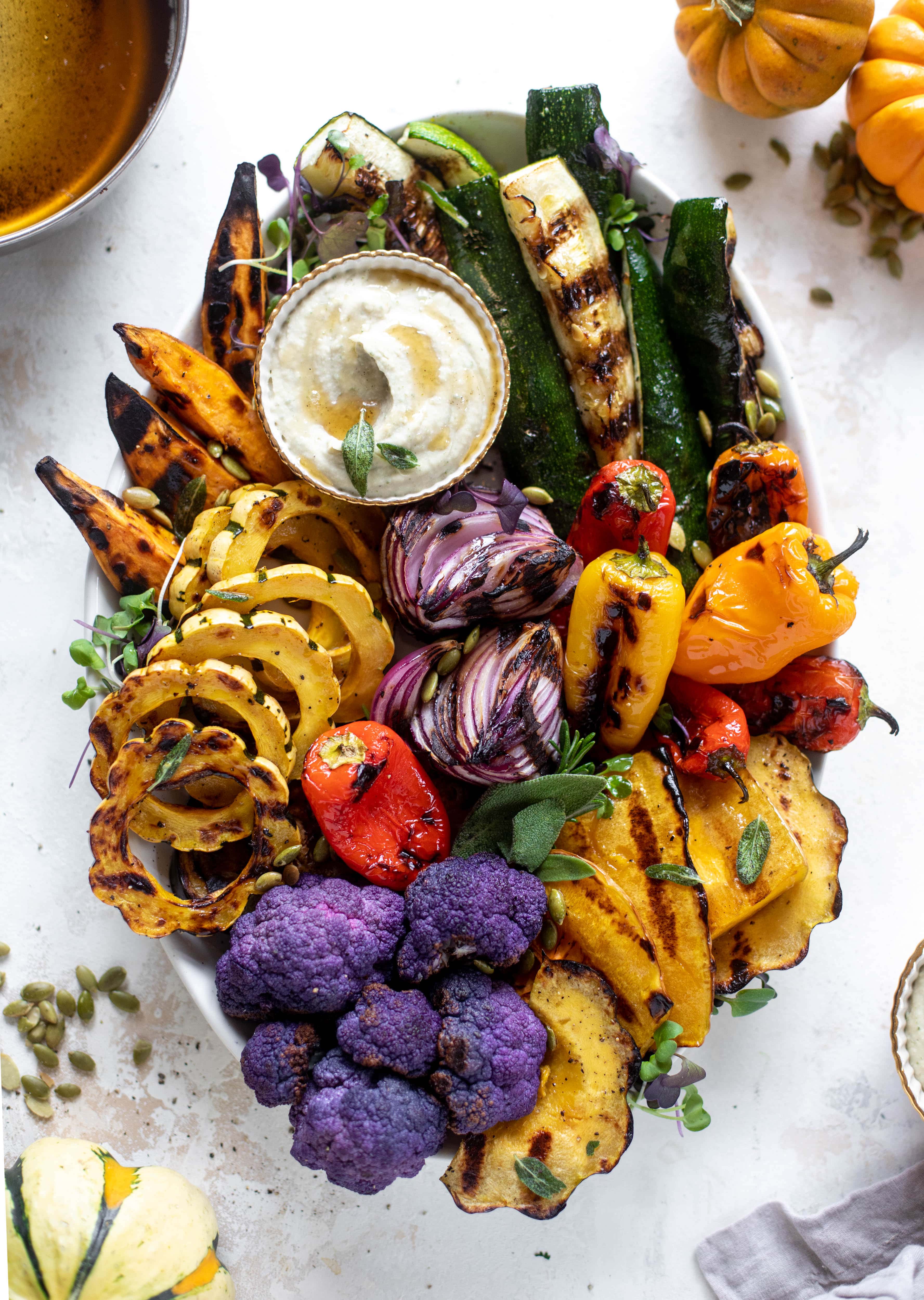 These grilled autumn vegetables make the best side dish or appetizer! Especially when served with the sage brown butter white bean dip. YUM.