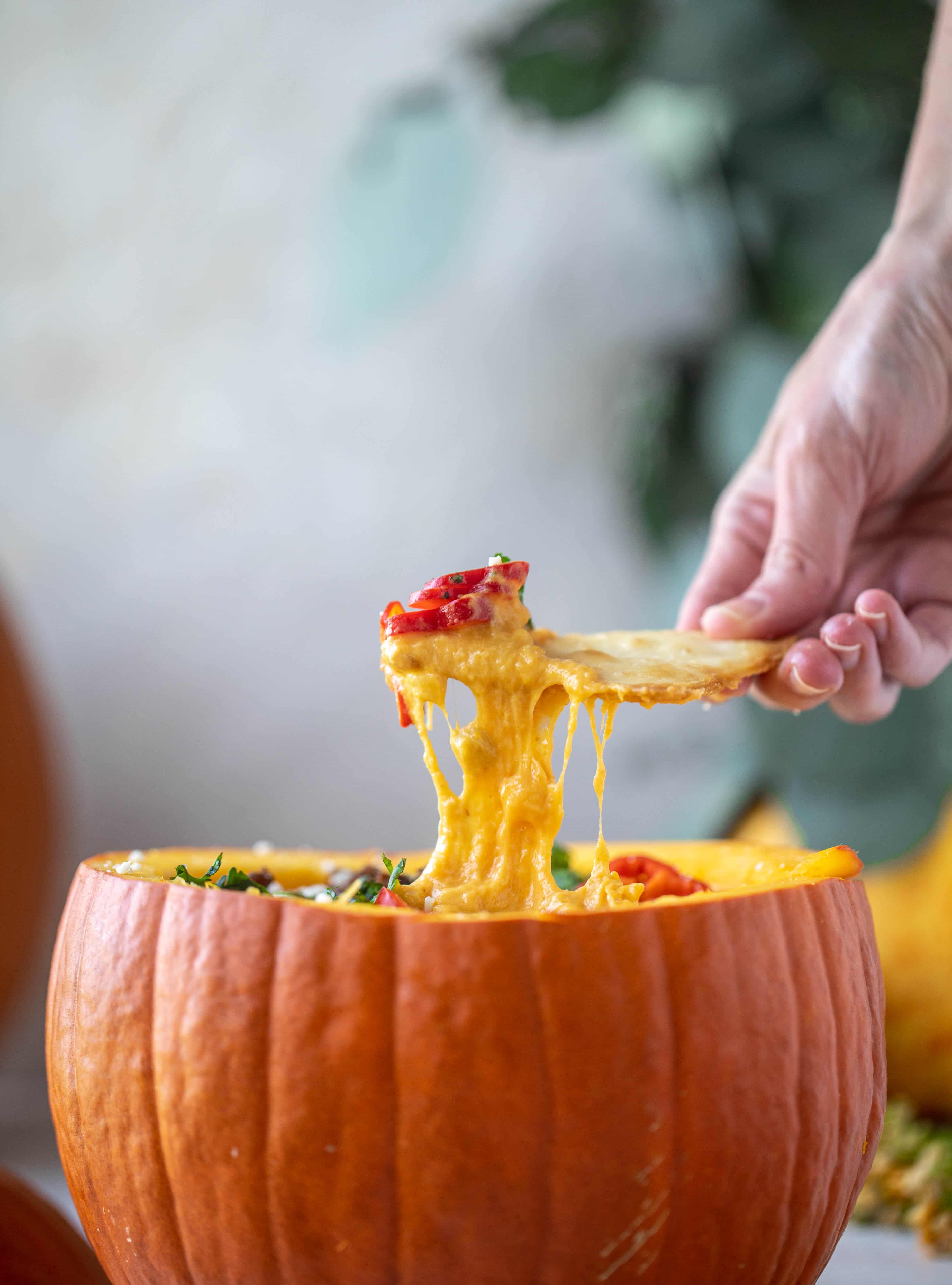 This pumpkin queso fundido is the perfect indulgence for fall. Warm pumpkin queso topped with chroizo, pepitas and jalapeños. It's delish! 