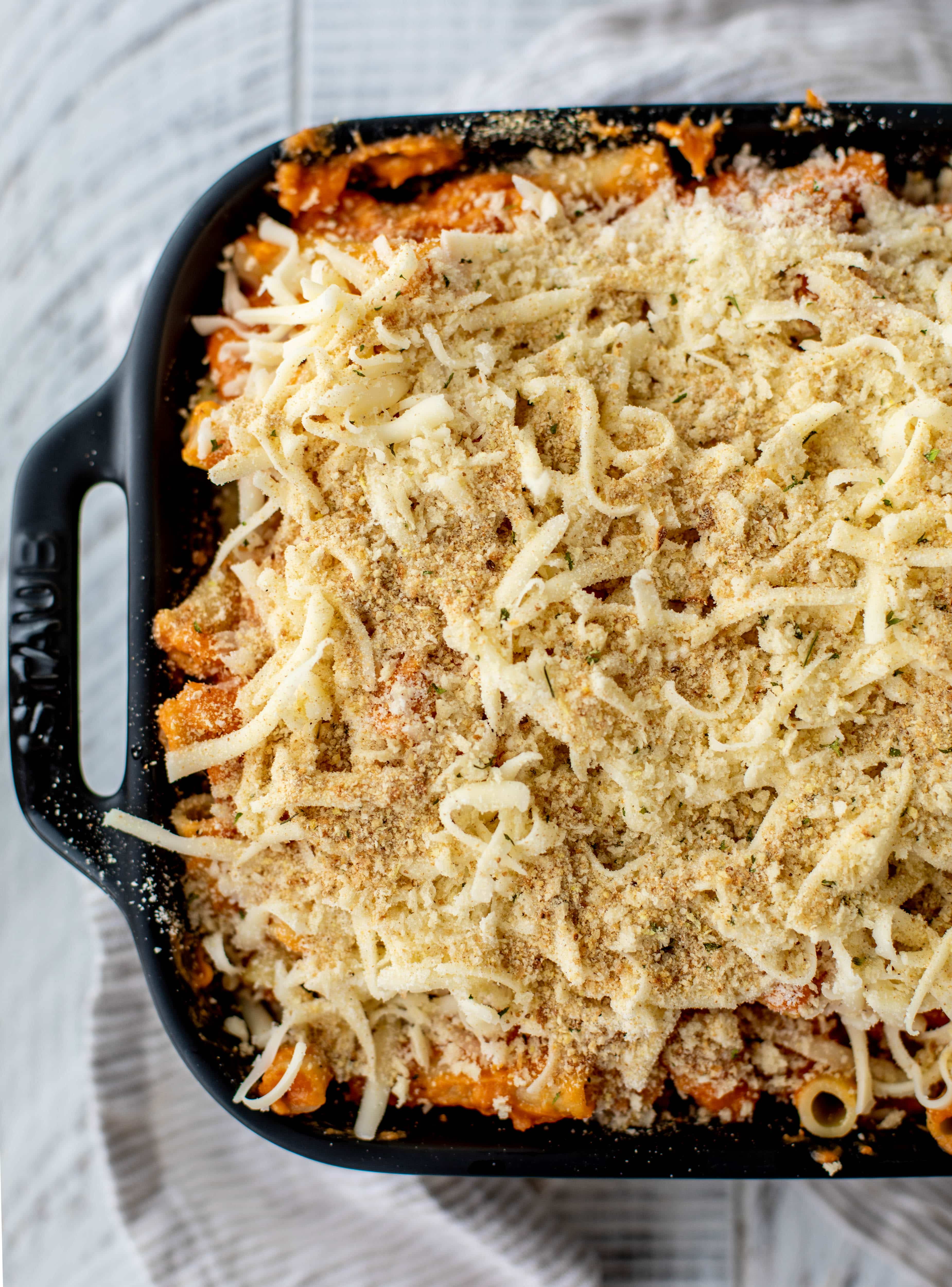 Butternut squash baked ziti is the ultimate comfort food! Squash, fire roasted tomatoes, parmesan and mozzarella make the best sauce ever.