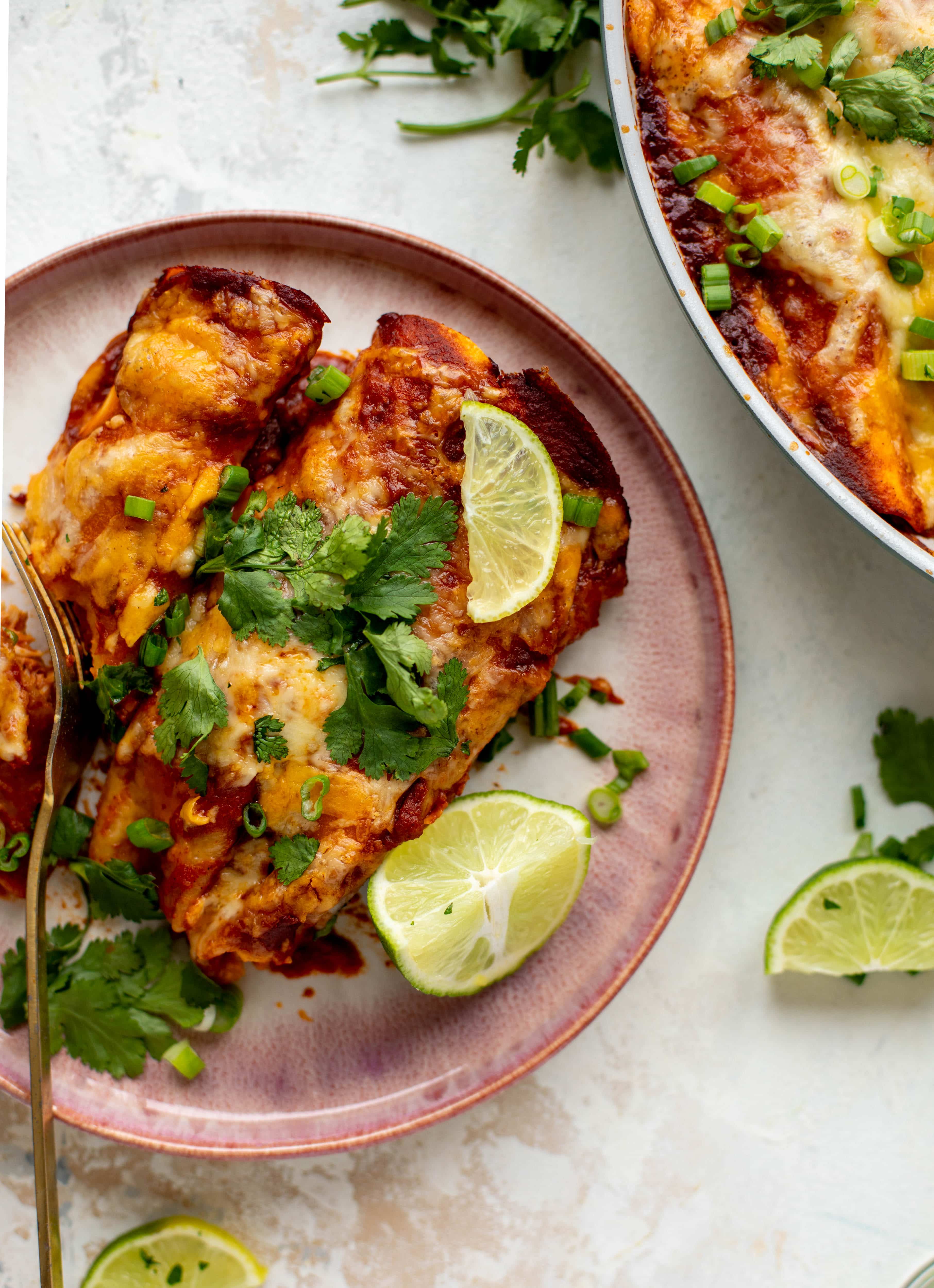 Chipotle chicken skillet enchiladas are loaded with flavor and come together so quickly! They are the perfect spicy weeknight meal.