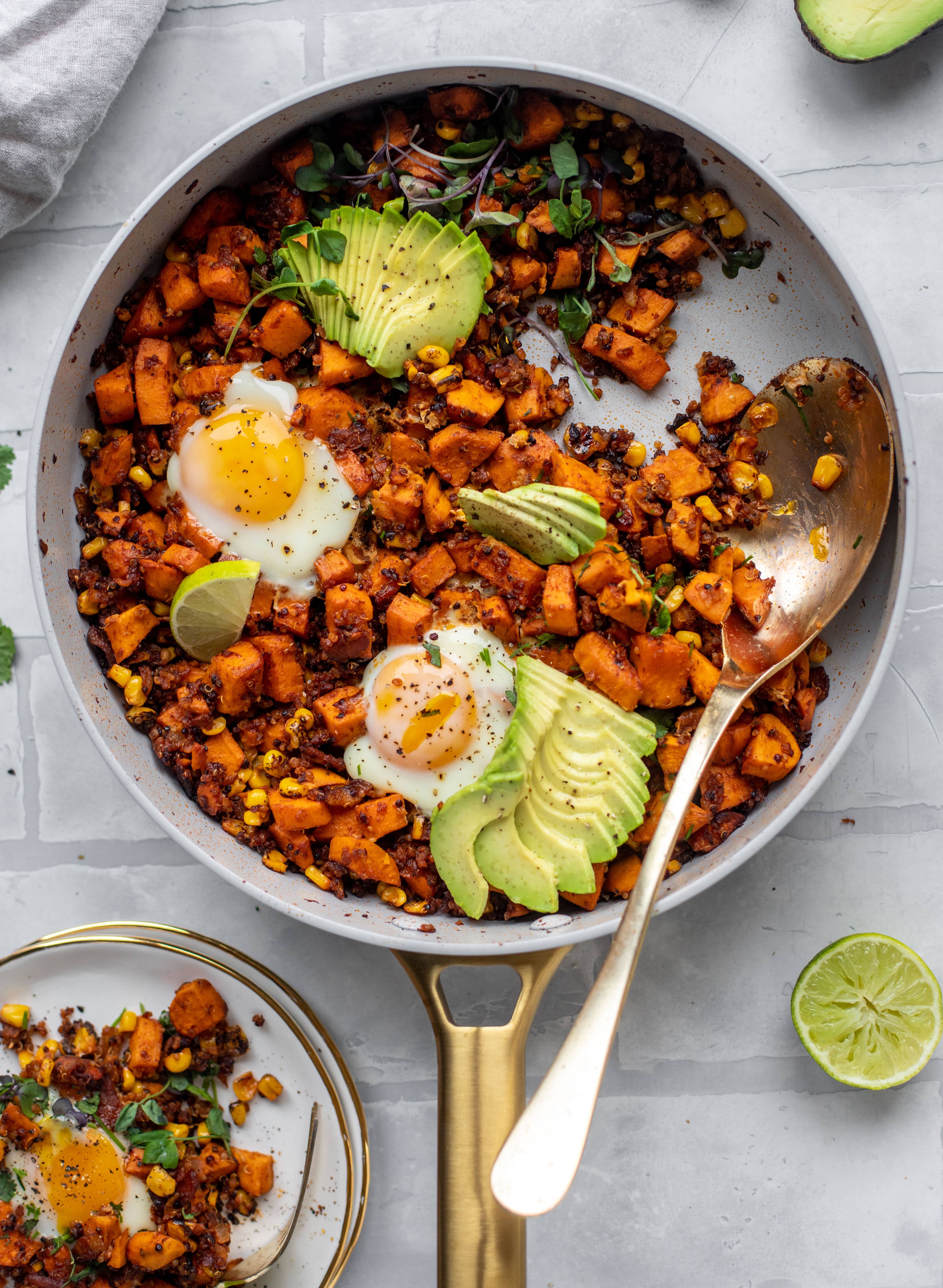 This chipotle sweet potato hash is perfect for breakfast, lunch or dinner. Bulked up with quinoa and tons of flavor, it's a great pantry weeknight meal!