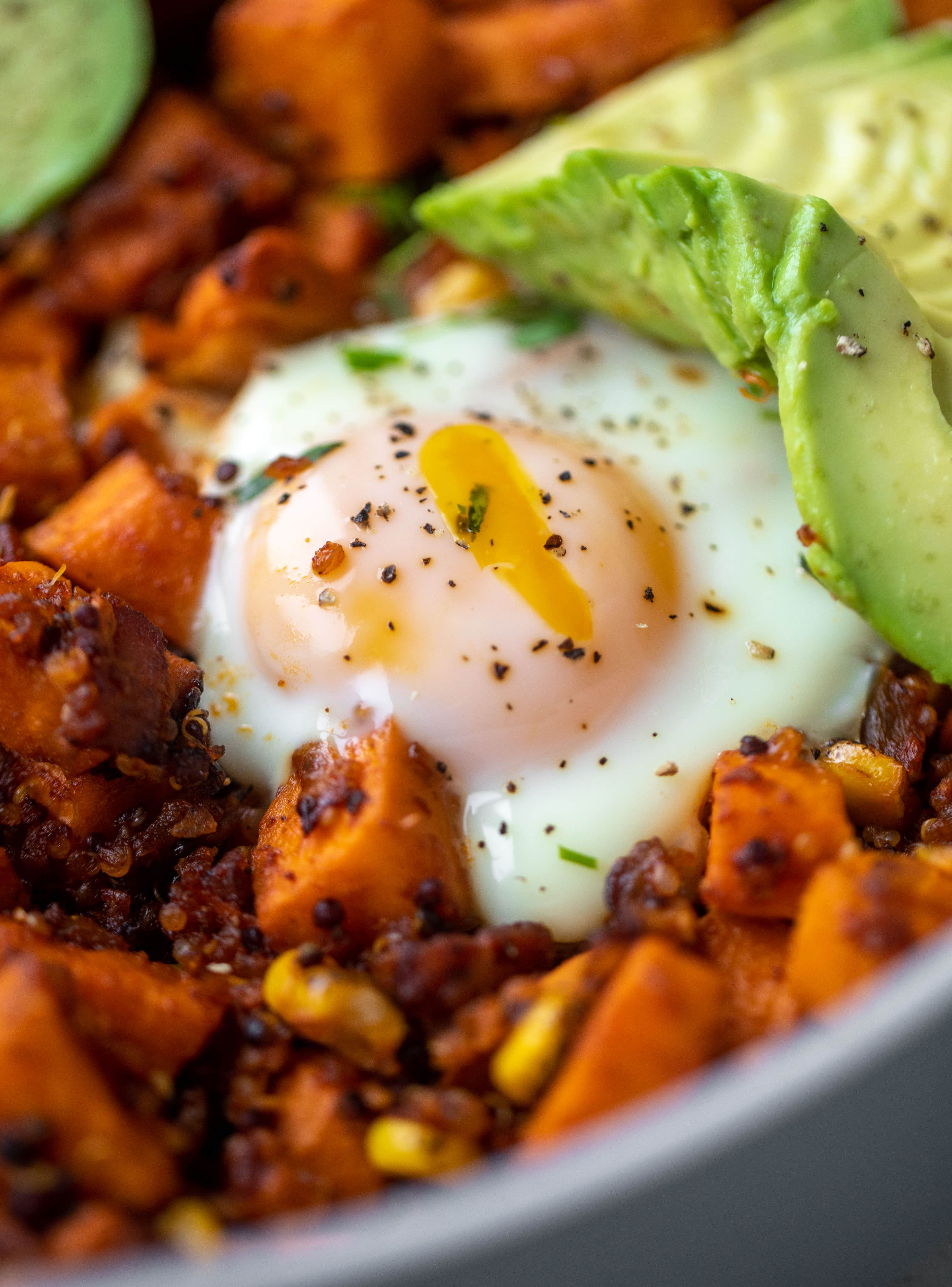 This chipotle sweet potato hash is perfect for breakfast, lunch or dinner. Bulked up with quinoa and tons of flavor, it's a great pantry weeknight meal!