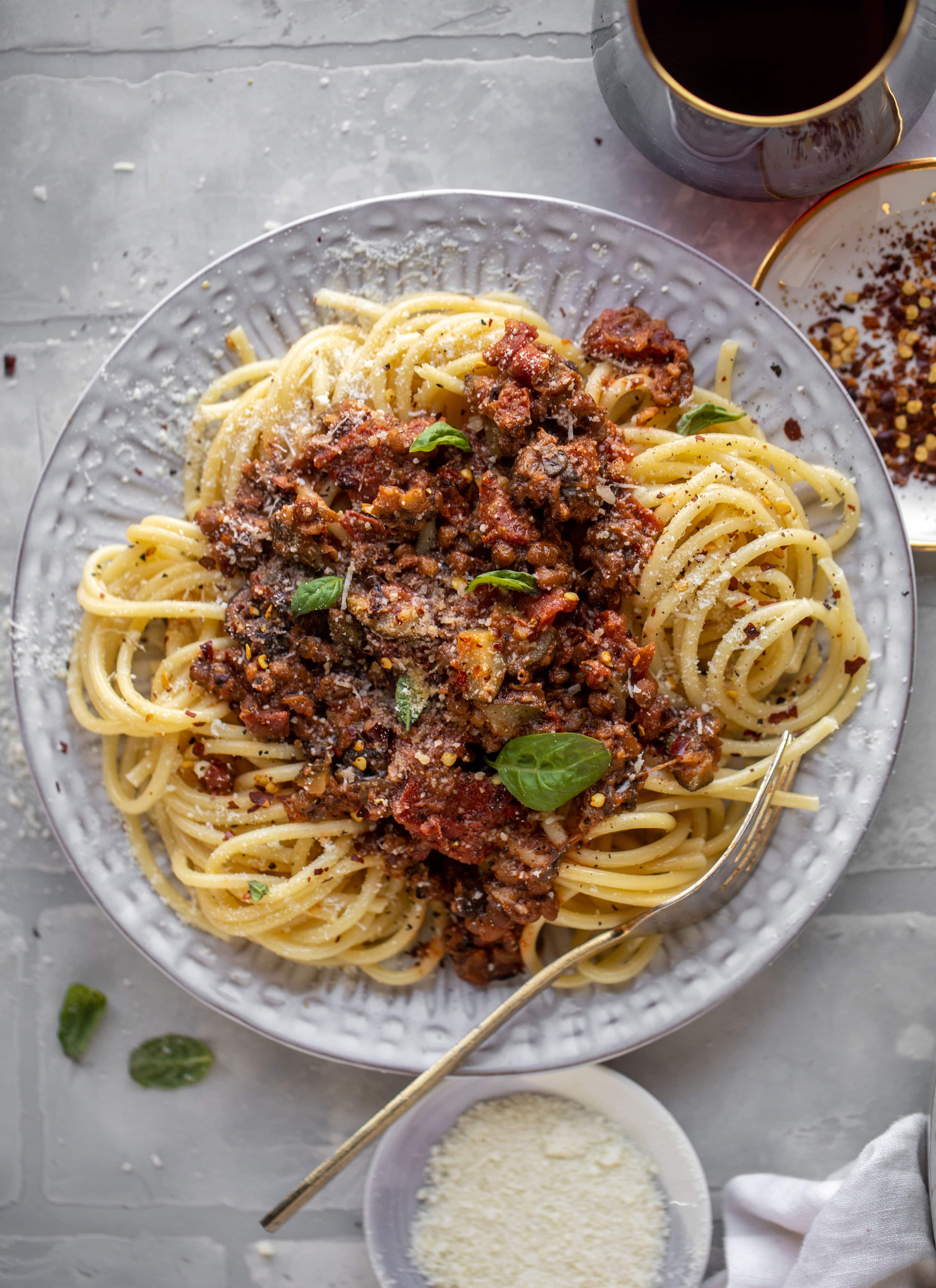This lentil bolognese is incredible! Super hearty, loaded with vegetables, saucy, rich and decadent. You won't even miss the meat!