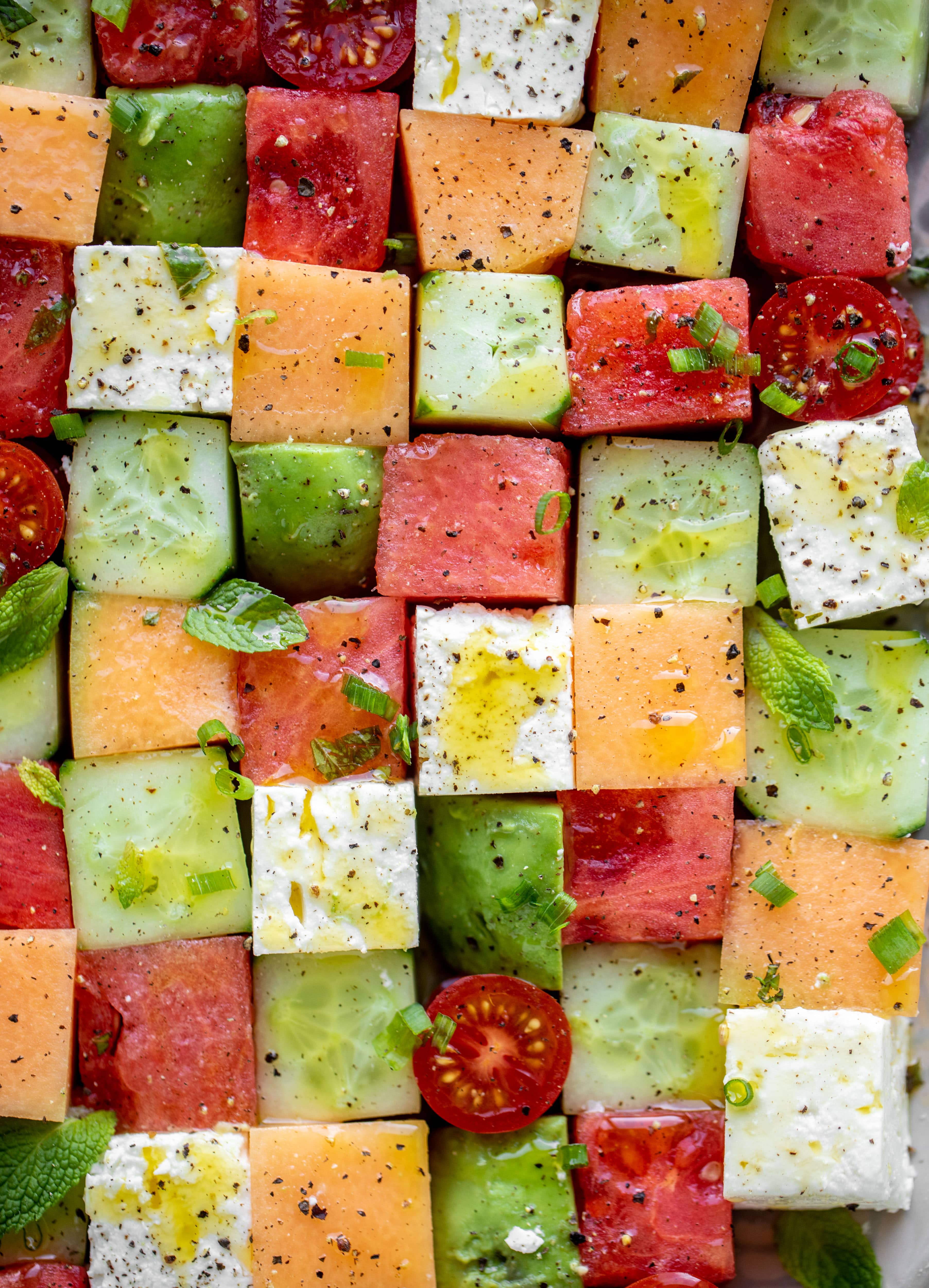 close up melon mosaic salad with hot honey vinaigrette 