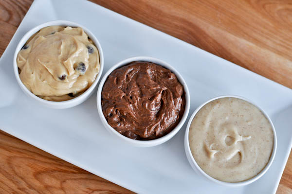 Snickerdoodle, Peanut Butter and Double Fudge Cookie Dough Dips I howsweeteats.com