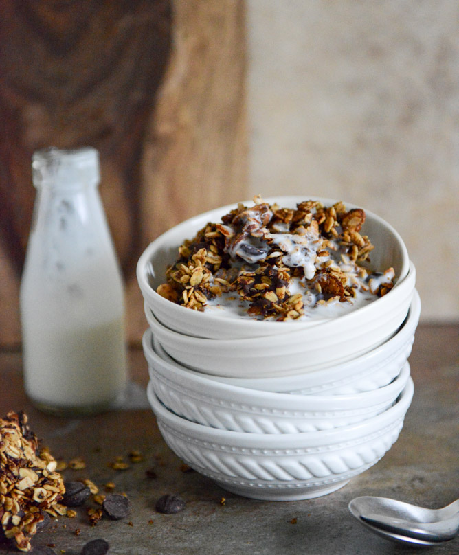 Crunchy quinoa, toasted almond and dark chocolate brown butter granola.