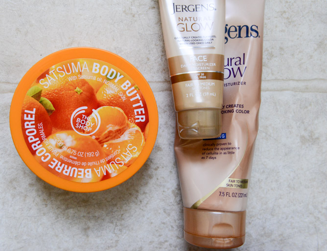 Body Shop Body Butter in Satsuma and Jergens Glow I howsweeteats.com