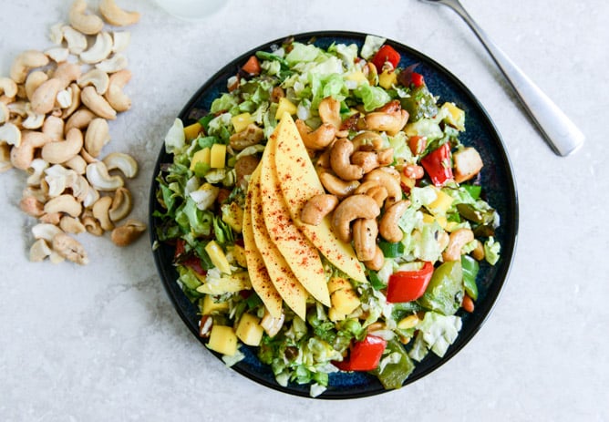 cashew chicken chopped salad with chili dusted mango.