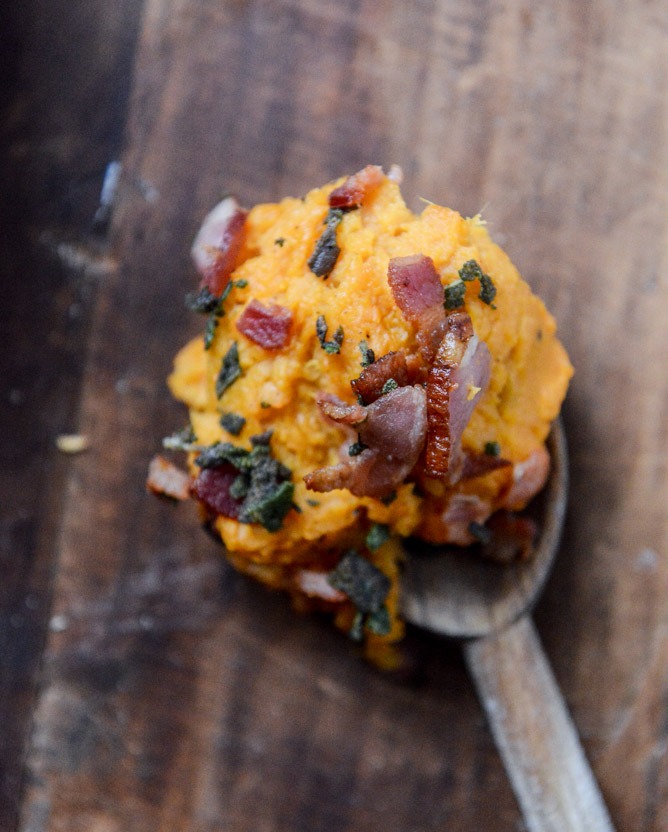 bacon bourbon whipped sweet potatoes with brown butter and crispy sage I howsweeteats.com