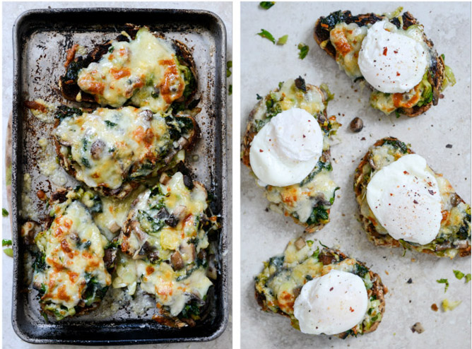 Broiled Fontina Toasts with Roasted Garlic and Poached Eggs I howsweeteats.com