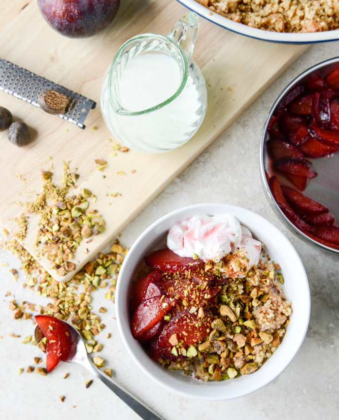 Baked Breakfast Quinoa with Plums and Pistachios 