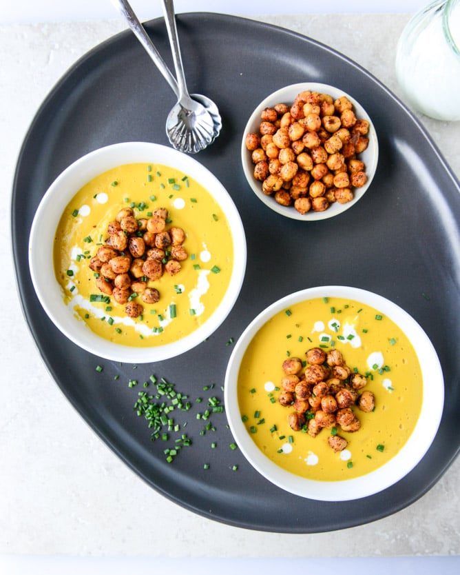 smoked gruyere butternut soup with spicy chickpeas I howsweeteats.com
