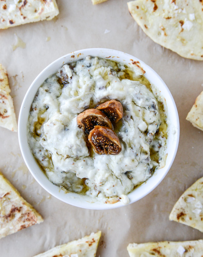 warm honey fig dip with blue cheese and garlic pitas I howsweeteats.com