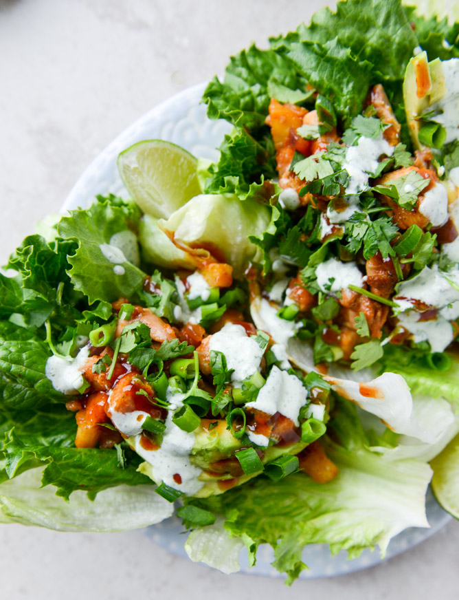 bbq chicken and pineapple lettuce wraps with cilantro yogurt sauce I howsweeteats.com