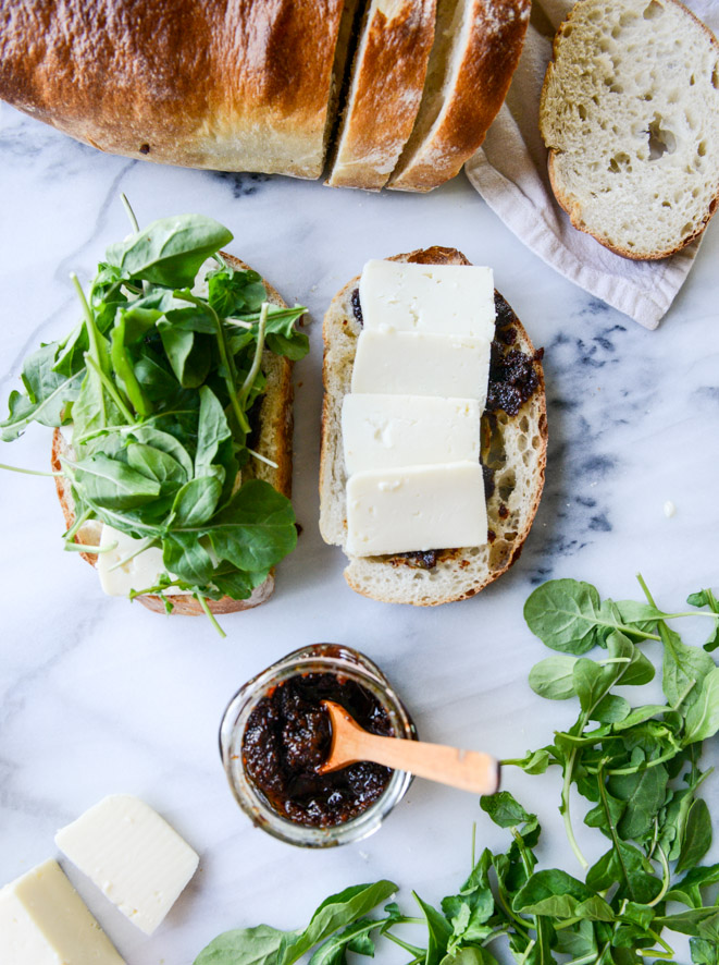 havarti and arugula grilled cheese with bacon jam and triple herb butter I howsweeteats.com